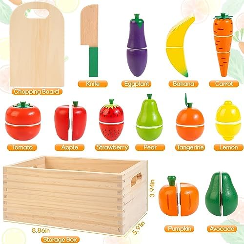 Wooden Play Food for Toddlers, Velcro Fruit and Veggies Cutting Set for Kids, Pretend Food Play Kitchen Accessories for 3 4 5 6 7 Years Old Boys & Girls