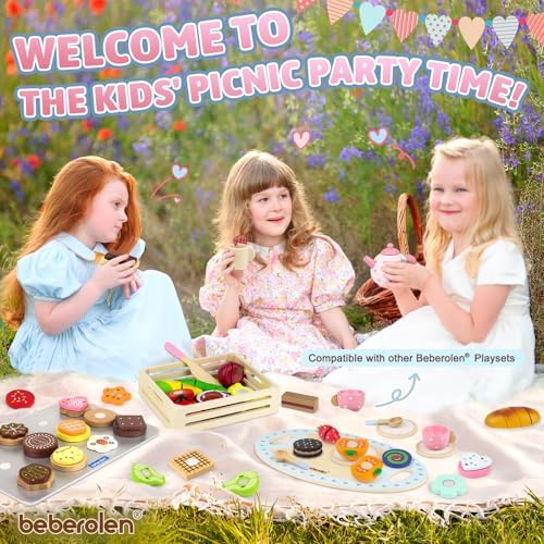 Wooden Tea Set for Little Girls Birthday Gift 2-4 Year Old Princess Toys Play Food Sets for Kids Kitchen Accessories Toddlers 3-5 Outdoor Party 1-3 Pretend Food Dessert Cookies Wood Toy