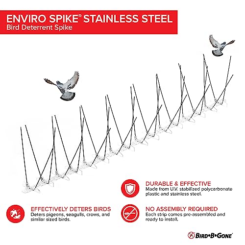 Bird B Gone - Pre-Assembled EnviroSpike Stainless Steel Anti Bird Spikes (100') - UV-Stabilized Polycarbonate Base - Humane Deterrent - Stops Pigeons & Birds from Roosting On Rooftops, Ledges, Fences