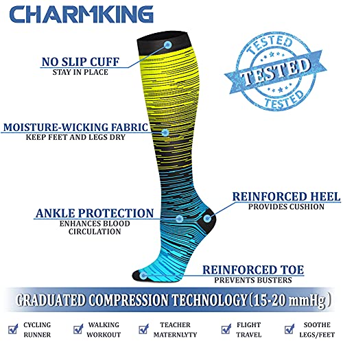 CHARMKING Compression Socks for Women & Men (8 Pairs) 15-20 mmHg Graduated Copper Support Socks are Best for Pregnant, Nurses - Boost Performance, Circulation, Knee High & Wide Calf (S/M, Multi 29)