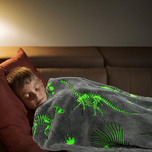 Glow in The Dark Blanket Dinosaur Blanket for Boys Kids Soft Cute Dino Blanket Christmas Toys Gifts Gray Glowing Dinosaur Blanket for Bed 90x90 inch
