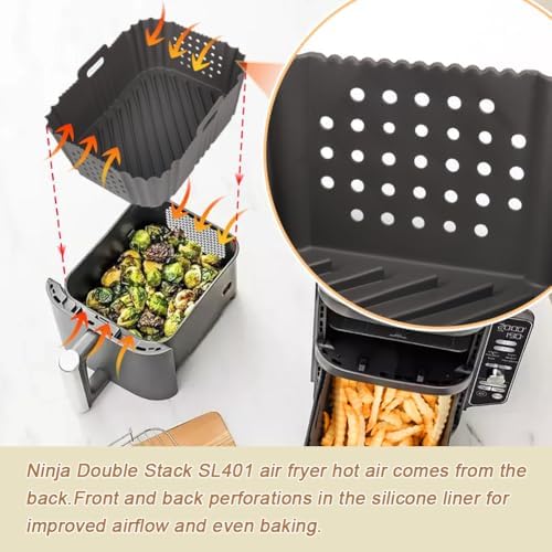YQL YQL Silicone Air Fryer Liners for Ninja SL401 Double Stack 2 Basket Air Fryer, Ninja DoubleStack XL Air Fryer Accessories Reusable Rectangle Air Fryer Liners(Grey)