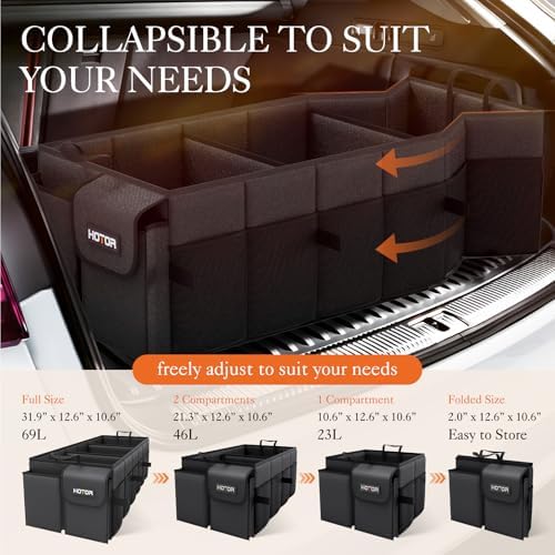 HOTOR Trunk Organizer for Car - Car Organizer, Foldable Trunk organizer for SUVs & Sedans, Sturdy Car Organization for Car Accessories, Tools, Sundries, Black, 3 Compartments, 31.9"×12.6"×10.6"