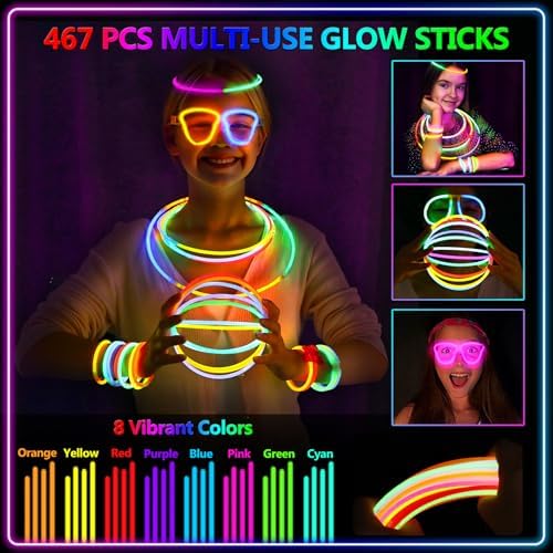 BUDI 467Pcs Glow Sticks Party Favors for Kids Adults 200 GlowStick Bulk 8 Colors 8 Inch & 267 Connectors for Glow in the dark Necklace Bracelets Glasses Party Supplies Light Up Toys Neon Accessories