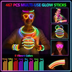 BUDI 467Pcs Glow Sticks Party Favors for Kids Adults 200 GlowStick Bulk 8 Colors 8 Inch & 267 Connectors for Glow in the dark Necklace Bracelets Glasses Party Supplies Light Up Toys Neon Accessories