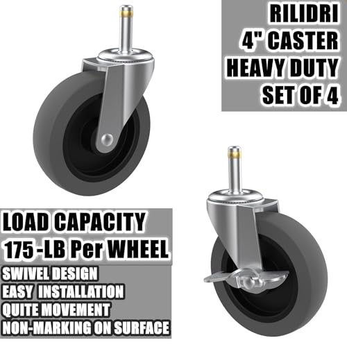 4-Inch Swivel Stem Caster for Rubbermaid Mop Bucket Utility Cart, 7/16-Inch Stem Diameter Rubber Wheel Set of 4 with Side Brake, Heavy Duty TPR Weber Grills Shop Vac Replacement Wheels