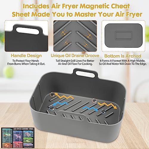 10QT Air Fryer Silicone Liners, 2Pcs Rectangular Airfryer Silicone Pot Baking Tray for Ninja Dual DZ401/DZ550 Reusable Replacement Basket Insert with Magnetic Cheat Sheet (2 Pcs Grey)