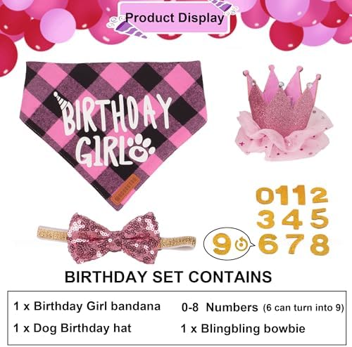 ADOGGYGO Dog Birthday Party Supplies, Multi Size Offered, Birthday Girl Dog Bandana, Dog Birthday Hat Crown with Numbers for Small Dogs Pets (Small, Pink)