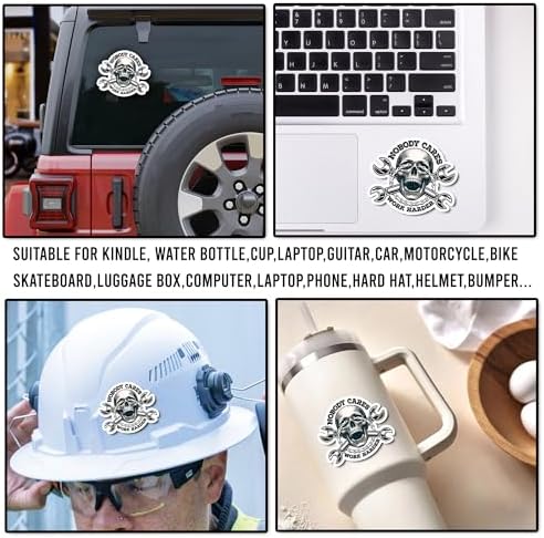 Pack 4PCS Nobody Cares Work Harder Stickers Skull Mechanic Engineer Waterproof Vinyl Decals Decor Water Bottle Laptop Phone Tumbler Hard Hat Helmet Toolbox Window Car Truck Gift