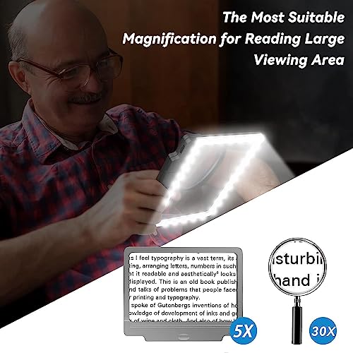 5X Magnifying Glass for Reading, Large and Lightweight Magnifier with 36 Ultra-Bright Dimmer LED Lights Provide Full-Page Viewing Area Evenly Lit Perfect for Low Vision Person and Seniors(Grey)
