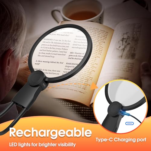 IMICHI Magnifying Glass with Light, 5.1 Inch 6X Magnifying glass for reading with Stand, Neck-Worn Large Magnifier for Seniors, Perfect for Reading Books, Sewing, and Cross-Stitching