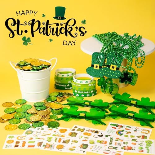 163Pcs St. Patrick's Day Accessories Party Favor Set, Tattoo Stickers, Necklaces, Bracelets, Shamrock Glasses, lucky Coins for Irish Party Supplies