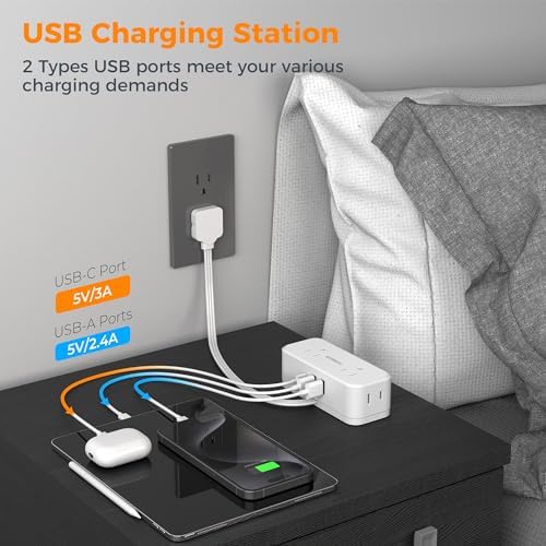 Short Extension Cord 6 inch, TESSAN Thin Flat Plug Power Strip with 4 AC Outlets 3 USB (1 USB C) Ports, Silm Charging Station Desk Organizers for Home Bedroom Hotel Office Desktop Accessories