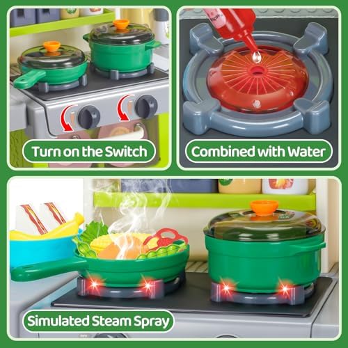 Kids Play Kitchen Set, Toddler Kitchen Playset with Sound & Light, Cooking Stove with Steam, Play Sink, Play Food Toy and Kitchen Accessories, Kitchen Toy for Kids Girls Boys 1-3