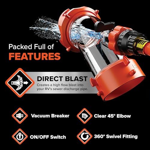 Camco Rhino Blaster RV Tank Rinser with Backflow Preventer RV Accessories for Toilet and Waste Tank Cleaning - Essential Camper Supplies for Odor Control and Sensor Maintenance - (39080)