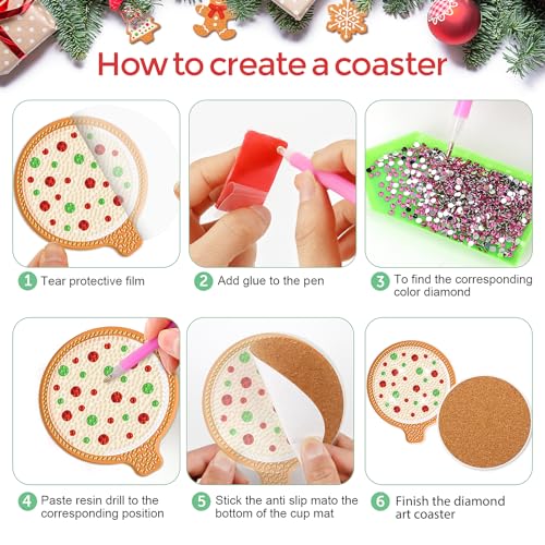 8 Pcs Christmas Gingerbread Man Diamond Coasters Kits with Holder DIY Diamond Art Coaster Non Slip Coaster for Adults Diamond Kits Supplies for Xmas Holiday Present