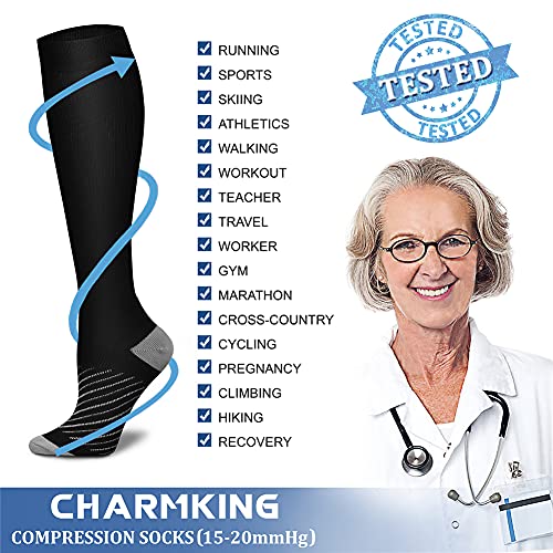 CHARMKING Compression Socks for Women & Men (8 Pairs) 15-20 mmHg Graduated Copper Support Socks are Best for Pregnant, Nurses - Boost Performance, Circulation, Knee High & Wide Calf (L/XL, Multi 39)