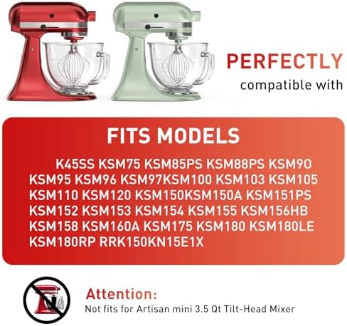 Glass Bowl Compatible With KitchenAid 4.5-5QT Tilt-Head Stand Mixers, Glass Mixing Bowl Replacement with Measurement Markings & Pour Spout for Kitchen Aid Mixer Accessory, Microwave & Freezer Friendly