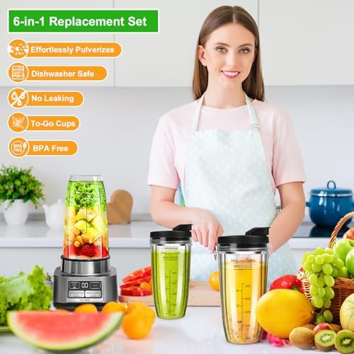 Blender Cups Replacement for Ninja, 24oz Ninja Blender Cups with To-Go Lids Compatible with Ninja BL450, BL456, BL480, BL2012, BL2013, BN401, BN751, BN801, SS101, SS151 (3 Pack)