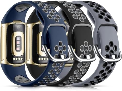 Maledan Compatible with Fitbit Charge 6 Bands/Fitbit Charge 5 Bands for Women Men, Soft Silicone Sport Band Wrist Strap for Charge 5 and Charge 6 Watch Replacement Wristbands, Black/Blue/Gray, Large