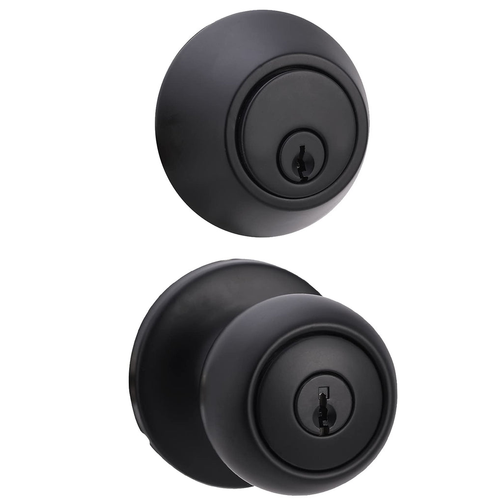 Amazon Basics Exterior Door Knob with Key Lock and Deadbolt, Keyed Alike, Coastal, Matte Black
