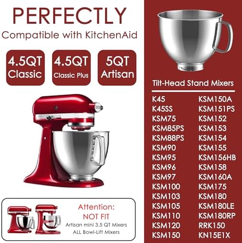 Stainless Steel Mixer Bowl for KitchenAid Artisan & Classic Series 4.5 Quart / 5 Quart Tilt-Head Stand Mixers, KSM150 Stainless Steel Bowl Replacement, Mixing Bowl for KitchenAid, Silver