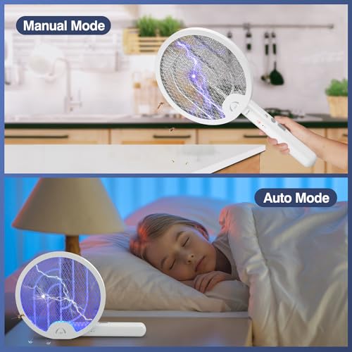 VLISBO Electric Fly Swatter 4000V 2 in 1 Bug Zapper Racket Fly Killer Mosquitoes Trap Lamp Rechargeable with 1200mAh Battery for Indoor Home Office Backyard Patio Camping (1 Pack)-White