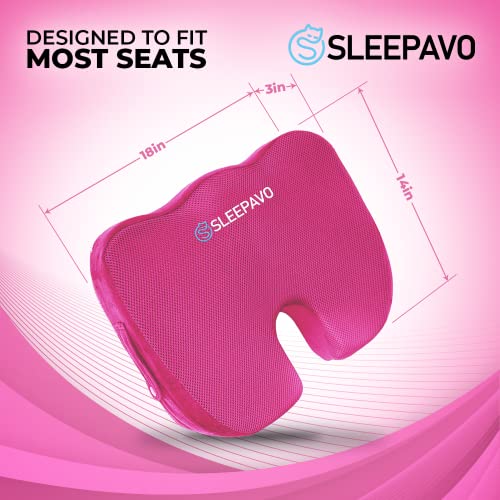 Sleepavo Pink Memory Foam Seat Cushion for Office Chair - Pillow for Sciatica, Coccyx, Back, Tailbone & Lower Back Pain Relief - Orthopedic Chair Pad for Lumbar Support in Office Desk, Car, Airplane