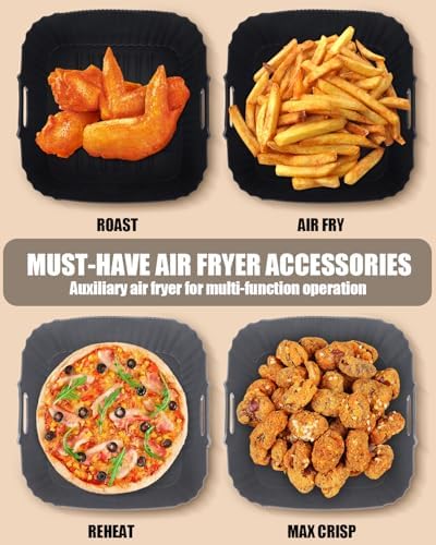 Air Fryer Silicone Liners Square for Ninja AF141 5Qt/Ninja AF181 6.5Qt/Ninja Crispi 4QT Container,Reusable Airfryer Replacement Baking Basket Insert | Non-stick | Easy Cleaning | Food Safe |Gray+Black