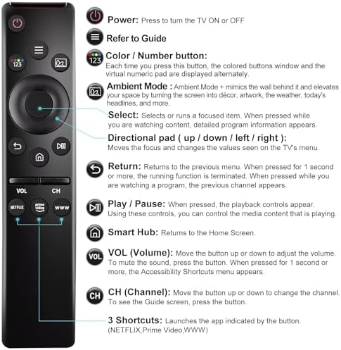 Universal Remote Control Compatible for All Samsung TV LED QLED UHD SUHD HDR LCD Frame Curved Solar HDTV 4K 8K 3D Smart TV Remote Replacement, with Buttons for Netflix, Prime Video, WWW