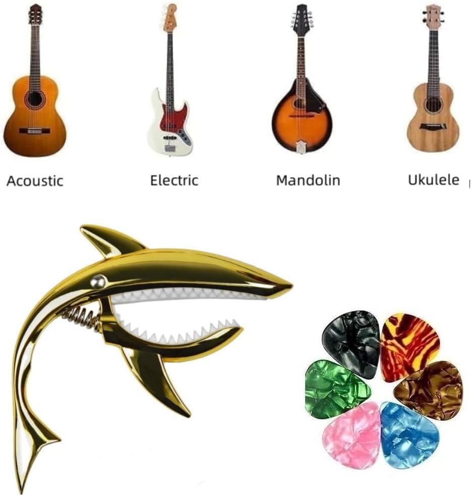 Guitar Capo Shark Guitar Capo Acoustic Capo Electric Guitars Capo Premium Zinc Alloy Guitar Accessories Ukulele Mandolin Banjo Bass (Gold with 6 Picks)