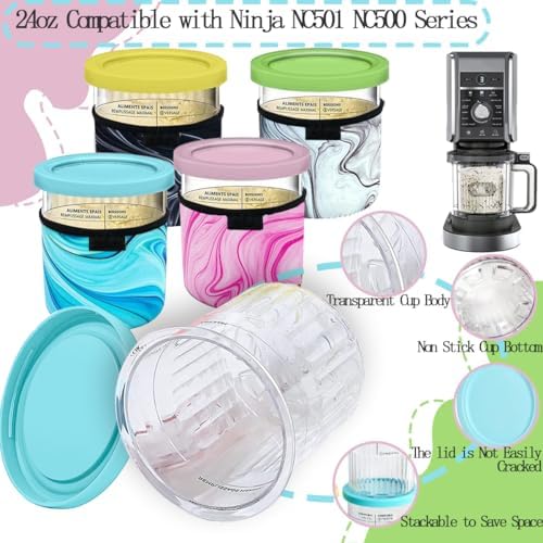 4Pack Containers Replacement for Ninja Creami Pints and Lids,4Pcs Ice Cream Neoprene Sleeve 160Pcs Waterproof Removable Labels,24oz Compatible with Ninja NC501 NC500 Series