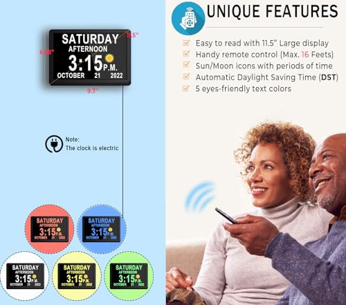 MAXCULUX 【Upgraded】 11.5" Large Digtal Clock with Day and Date for Seniors, Auto DST, 19 Alarms & Auto Dimmable, Non-Abbreviated Clock for Elderly Dementia Alzheimers