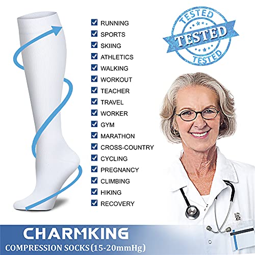 CHARMKING Compression Socks for Women & Men (8 Pairs) 15-20 mmHg Graduated Copper Support Socks are Best for Pregnant, Nurses - Boost Performance, Circulation, Knee High & Wide Calf (L/XL, White)