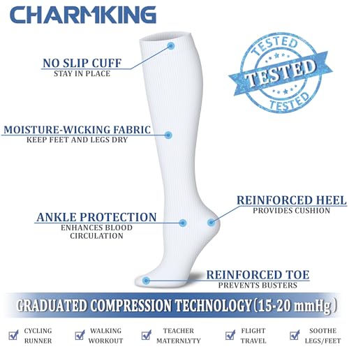 CHARMKING Compression Socks for Women & Men (8 Pairs) 15-20 mmHg Graduated Copper Support Socks are Best for Pregnant, Nurses - Boost Performance, Circulation, Knee High & Wide Calf (S/M, Multi 55)