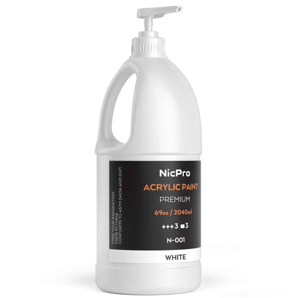 Nicpro White Large Acrylic Paint Set (69 oz, 2040 ml) Rich Art Painting Supplies Non Toxic for Multi Surface, Canvas, Wood, Leather, Fabric Stone Craft, for Beginner & Artist with Pump