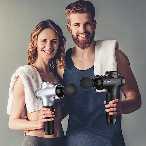 RAEMAO Massage Gun Deep Tissue, Back Massage Gun for Athletes for Pain Relief Attaching 10 PCS Specialized Replacement Heads, Percussion Massager with 10 Speeds & LED Screen, Grey