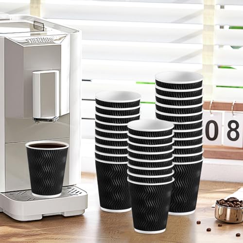 Lamosi Coffee Cups 12oz-100 Pack, Black Disposable Cups, Corrugated Fall Paper Cups 12oz, Ripple Wall Insulated Water Cups Without Lids for Cold/Hot Beverage (Black, 100 Pack, 12OZ)