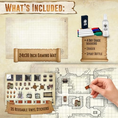 Melee Mats DND Map Starter Kit for Dungeons & Dragons Game - 24” x 36", Wet/Dry Erase Battle Terrain Grid - Ultimate Tabletop Gaming Experience with Accessories