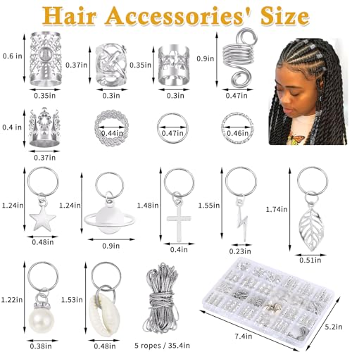 Lucomb 259 Pcs Hair Jewelry and Accessories - Silver Loc Jewelry, Hair Cuffs, Clips, Charms, Rings for Women's Braids, Dreadlocks, and Hair Decoration