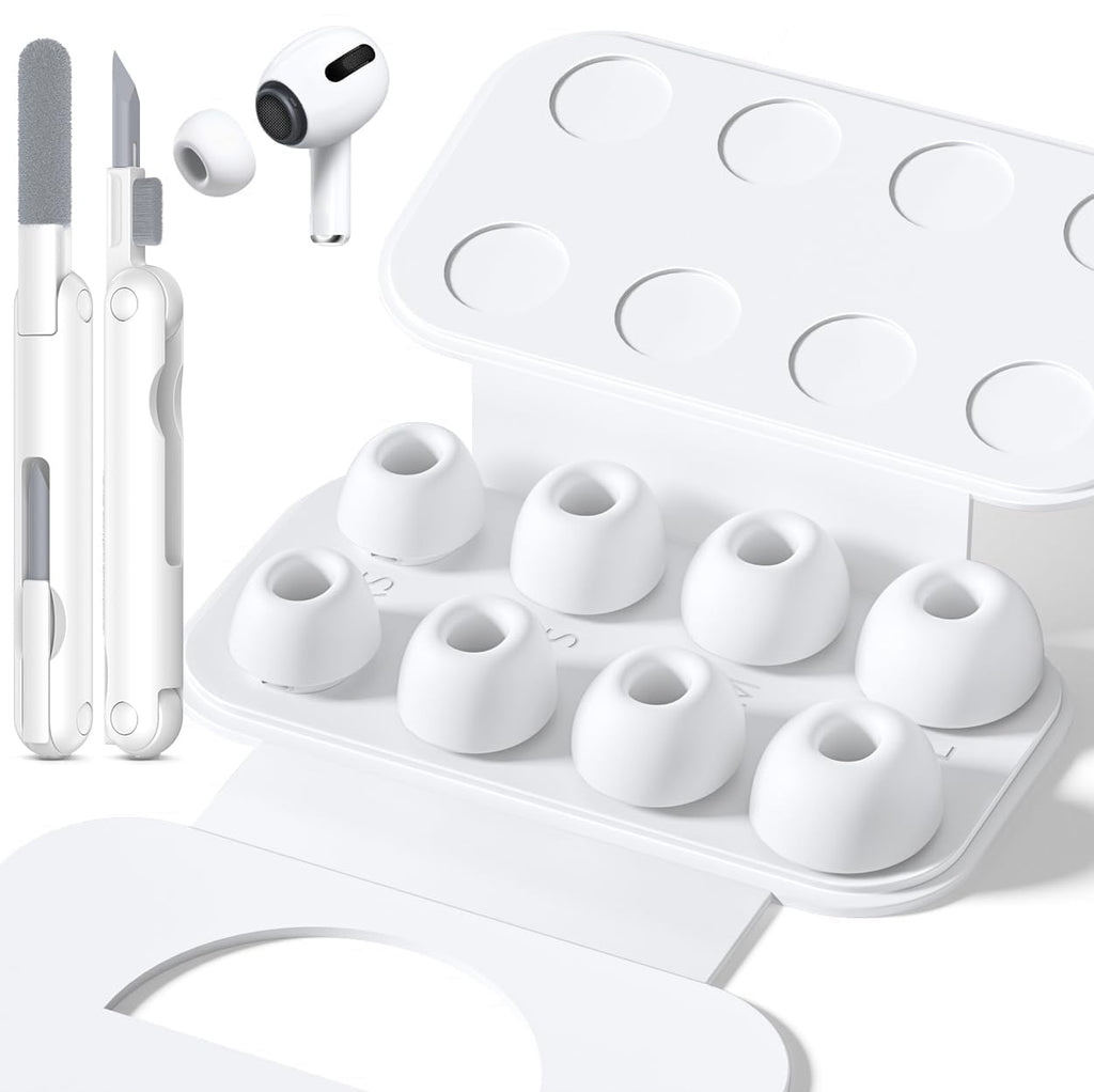 4 Pairs Replacement Ear Tips for AirPods Pro 2nd/1st Generation with Portable Storage Box & Cleaner Pen,Noise Reduction Holewith & Built-in dust Guard Screen,Silicone EarTips(White)
