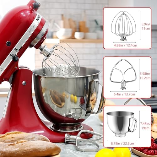 Stainless Steel Replacement Accessories Kit, Compatible With KitchenAid 4.5-5QT Tilt Head Stand Mixer, Includes Mixer Bowl, 6 Wire Whisk, Flat Beater, Fits for K45SS, KSM75