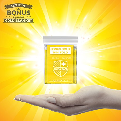 Swiss Safe Emergency Mylar Thermal Blankets + Bonus Gold Foil Space Blanket. Designed for NASA, Outdoors, Survival, First Aid, Double-Sided Black and Gold, 4 Pack