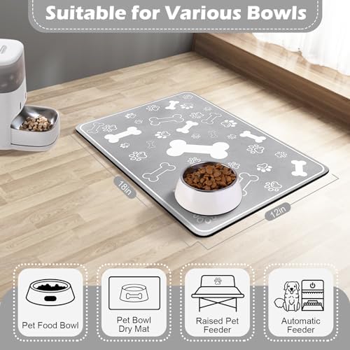 Pet Feeding Mat,Rapid Absorbent Mats for Dog Cat Food, Dog Placemat Water Bowl Mat with Rubber Backing,Messy Drinkers to Protect Floors, Pet Accessories 12"x18" Grey