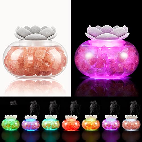 Essential Oil Diffusers Aromatherapy Diffuser: Vyaime Salt Lamp Diffuser for Home Bedroom Office, Pink Crystal Himalayan Cute Lotus Auto Shut-Off 7 Colors LED Night Light, White