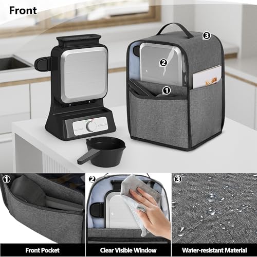 Yarwo Visible Dust Cover Compatible with Ninja BW1001 Belgian Waffle Maker PRO NeverStick, Protective Cover with Top Handle and Pockets Fits Waffle Iron, Pour Cup, Tongs or Other Kitchen Accessories