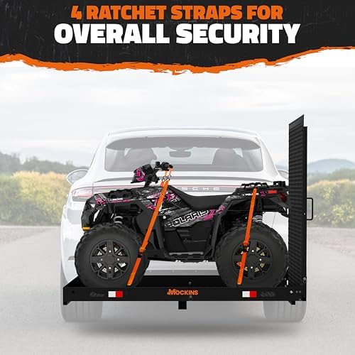 Mockins XL 60"x30"x5" Folding Hitch Cargo Carrier with Ramp | Heavy Duty Trailer Hitch Basket Cargo Carrier with Portable Wheelchair Ramp | 500 Lbs. Cap Weatherproof Steel Scooter Rack & Accessories