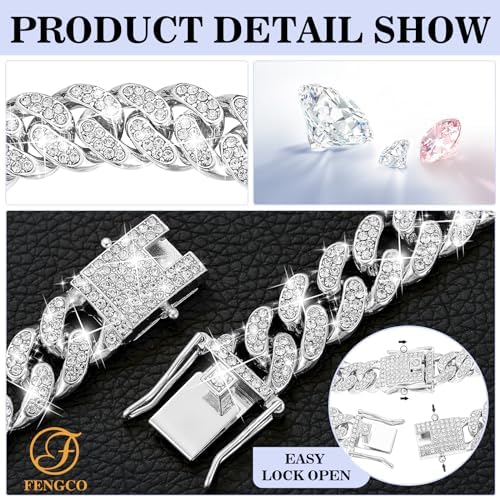 Silver Dog Chain Collar Diamond Cuban Link Dog Collar 13mm Wide Dog Necklace Metal Cat Chain Pet Crystal Collar Jewelry Accessories for Small Medium Large Dogs Cats(14inch)