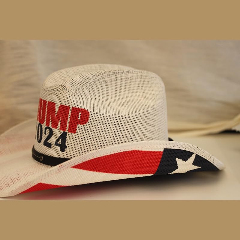 Generic Trump 2024 Western Cowboy Hat, American Flag Cowboy Hat for Men and Women, Wide Brim Straw Cowboy and Cowgirl Hat, Classic Outdoor Sunshade Cowboy Hats with Belt Buckle Multicolor