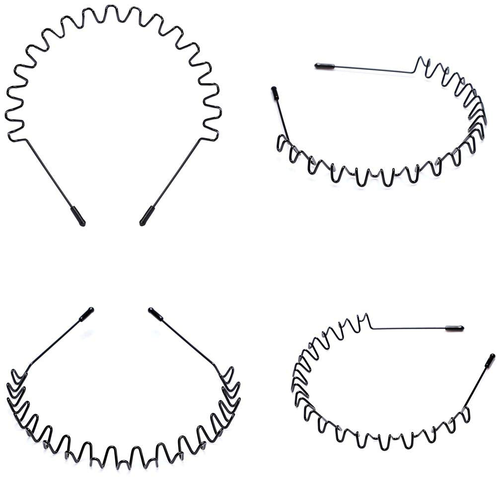 Metal Headbands, 2 Pack Fashion Unisex Black Hairband Spring Wave Non Slip Sports Headwear Hair Hoop Hair Accessories (2 Pack)